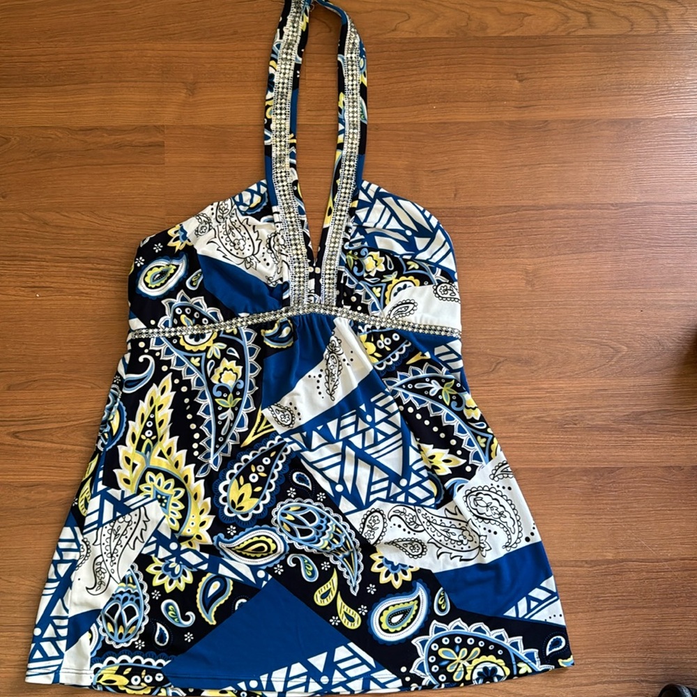 INC Medium Blue White Yellow vacation wear halter